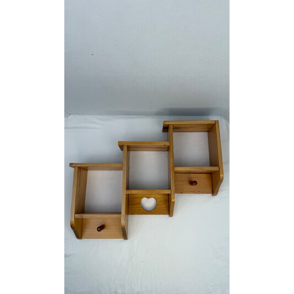 VTG Solid Oak Wooden Staggered 3 Wall Shelf Cut Out Heart Pegs Cottagecore 19"